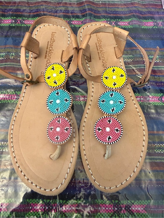 Laidback London Shoes - Laidback London Women's Beaded Leather Thong Sandals in Yellow/Turquoise/Pink